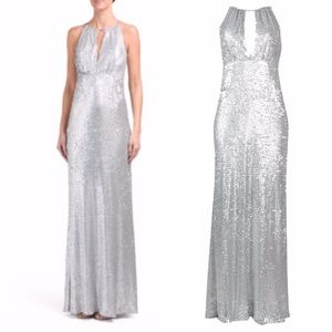 NWT Adrianna Papell Silver Sequin Paillette Gown 4